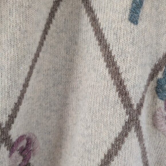 Wool Blend Embroidered Floral Cottagecore Sweater - Beige‎ Diamond Pattern - Picture 8 of 9
